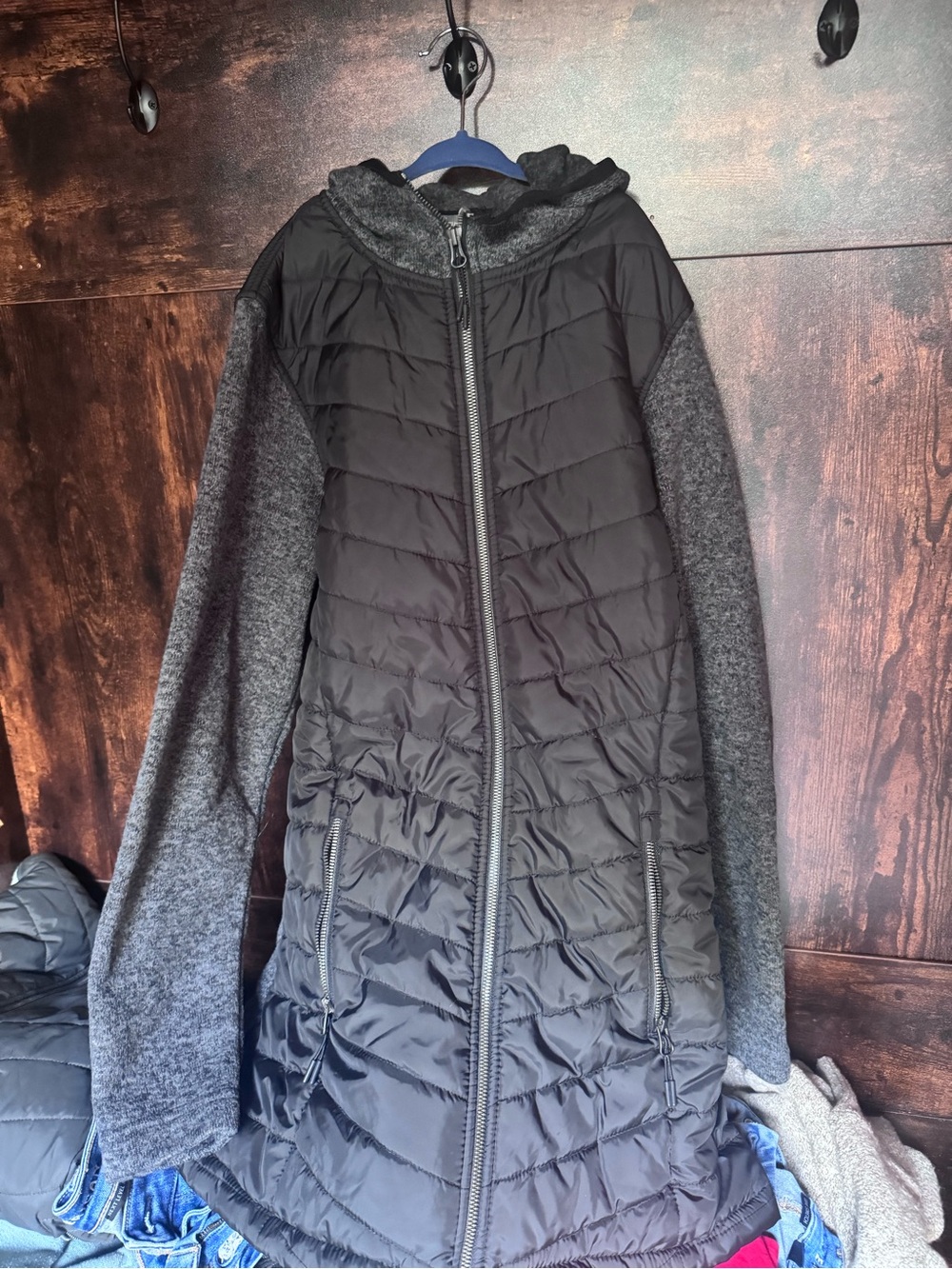 Natural Reflections Black Quilted Hooded Puffer with Gray Knit Sleeves